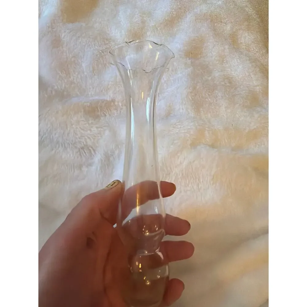 Vintage Clear Glass Bud Vase Tall Ruffled Flared Rim Pedestal Foot Flower Vase